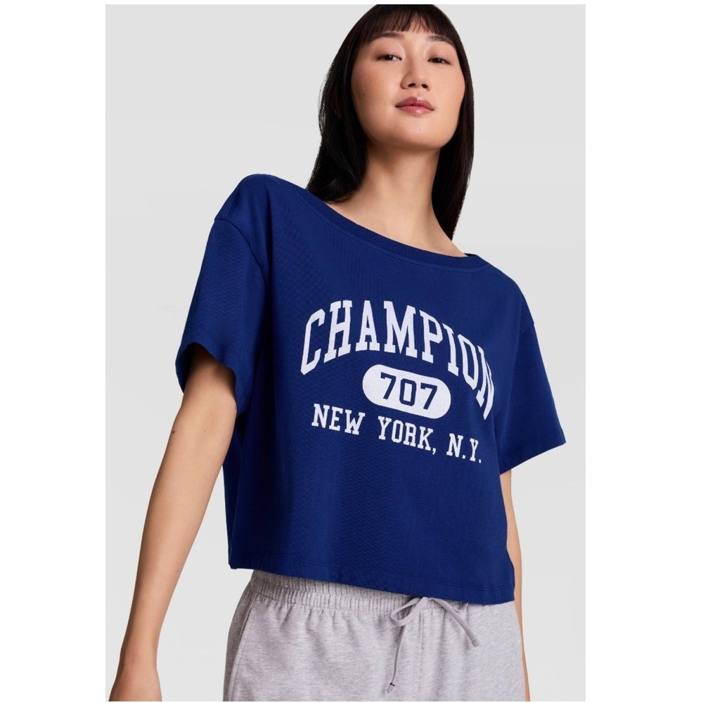 Champion Arena Off The Shoulder Tee Blue Depths New York 707 Graphic Crop Top M